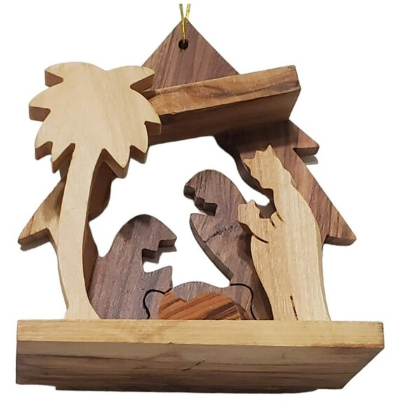 Olive Wood Nativity Ornament Hand Carved Manger Christmas Mary Joseph Baby Jesus - Picture 2 of 12